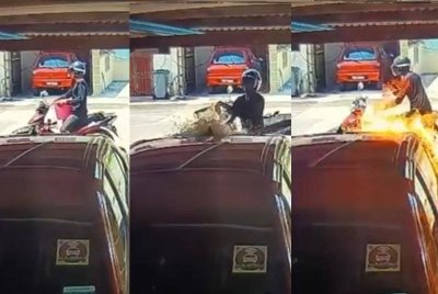 Rakaman CCTV menunjukkan kelibat suspek menyimbah cecair sebelum kenderaan itu terbakar.