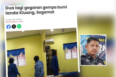Laporan Sinar Harian mengenai gegaran gempa bumi yang melanda Segamat dan Kluang pada Ahad. Gambar kecil: Sharif Shai