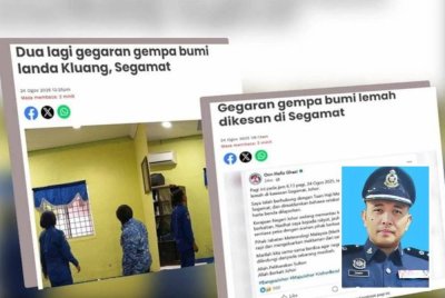 Laporan Sinar Harian mengenai gempa lemah yang berlaku di Segamat dan Kluang pagi Ahad. (Gambar kecil: Ahmad Zamry)