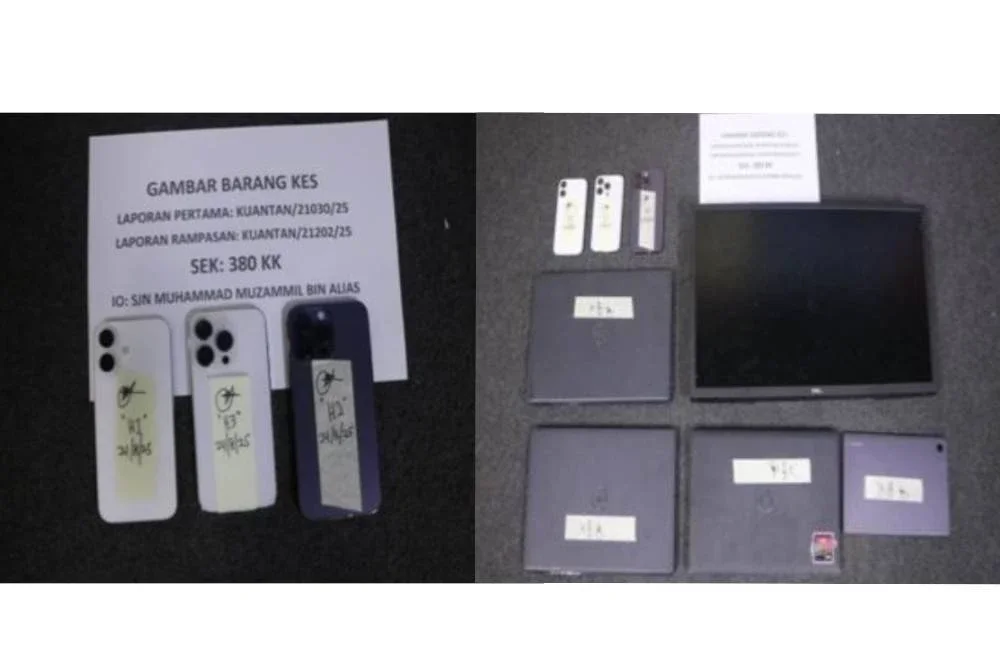 Tiga telefon bimbit yang dilarikan suspek dan barang kes pecah pejabat berjaya ditemui semula selepas suspek berjaya ditangkap pada Ahad.