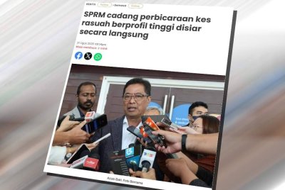 Laporan Sinar Harian mengenai cadangan SPRM untuk menyiarkan perbicaraan kes rasuah berprofil tinggi secara langsung.