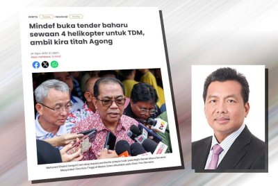 Laporan Sinar Harian berhubung Mindef buka tender baharu sewaan 4 helikopter untuk TDM, ambil kira titah Agong. (Gambar kecil: Ikmal Hisham)