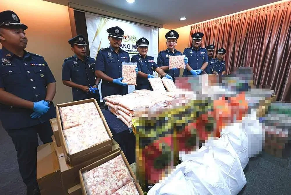 Mohf Nadzri (lima dari kiri) menunjukkan paket tongkeng ayam dan barangan lain yang dirampas JKDM Perak msnerusi operasi Macan Legit II, baru-baru ini