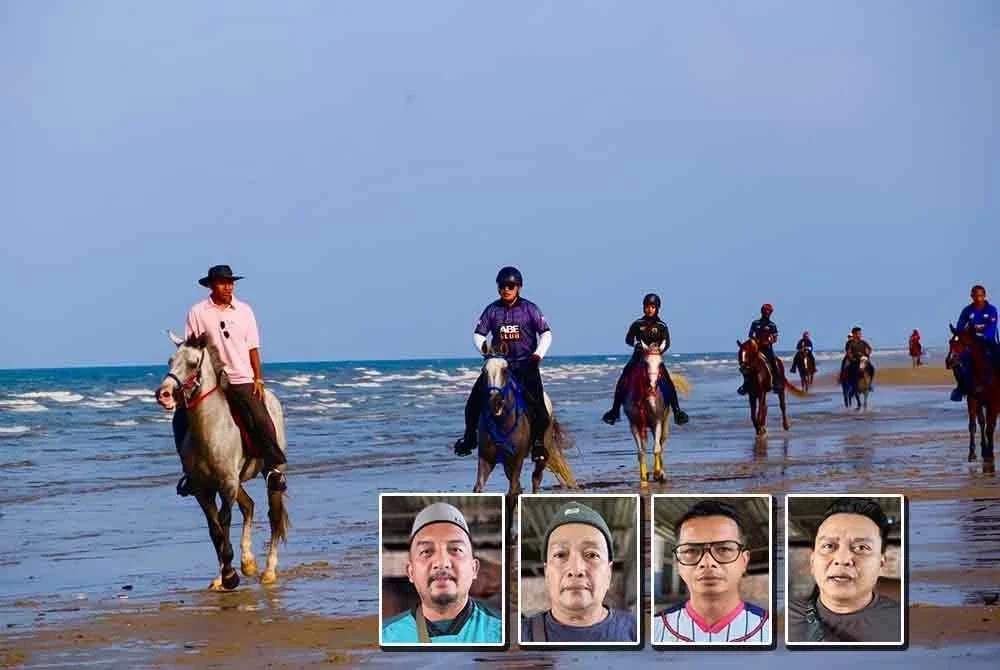 Pemilik kuda di Kelantan melakukan aktiviti tunggangan di pantai. Gamber kecil : Zainudin, Zukri, Mohd Rosdi dan Wan Mohd Ridhuan.