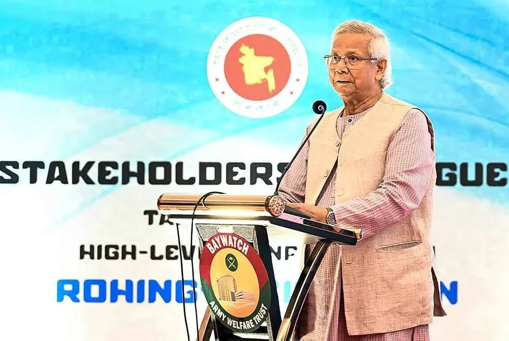 Dr Muhammad Yunus berucap di sebuah persidangan antarabangsa di Cox’s Bazar pada 25 Ogos 2025.