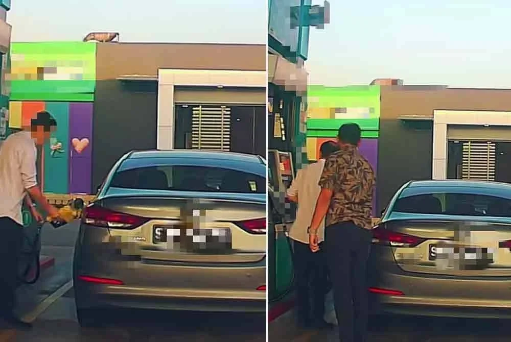 Tangkap layar tular menunjukkan sebuah kereta bernombor pendaftaran Singapura mengisi RON95 di sebuah stesen minyak di Johor Bahru. - Foto: Tular media sosial