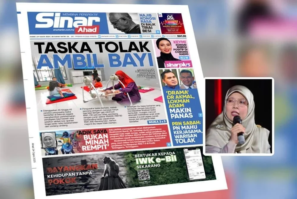 Laporan muka depan Sinar Harian pada Ahad. Foto kecil: Anfaal