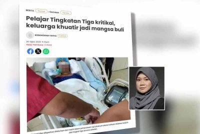 Laporan Sinar Harian berhubung pelajar Tingkatan Tiga kritikal, keluarga khuatir jadi mangsa buli. Foto kecil: Fadhlina Sidek