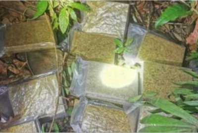 Pemeriksaan lanjut di sekitar kawasan semak di bahu jalan telah menjumpai satu guni berwarna putih di dalamnya mengandungi 10 ketulan mampat disyaki ganja. Foto Briged Utara PGA