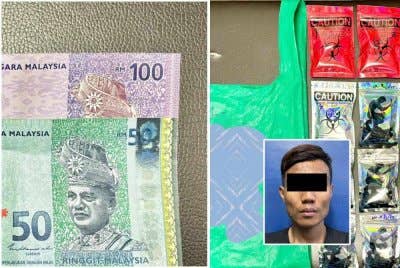 Peket berisi serbuk dipercayai dadah jenis ekstasi dan wang yang dirampas pihak polis. - Foto: IPD Kluang