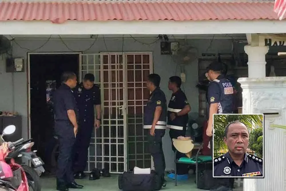 Pasukan forensik ketika menjalankan siasatan di lokasi kejadian seorang guru cuba membunuh isterinya di Taman Tunas Muda, Sungai Ara, Bayan Lepas pada pagi Rabu. Foto kecil: Sazalee