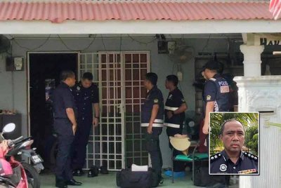 Pasukan forensik ketika menjalankan siasatan di lokasi kejadian seorang guru cuba membunuh isterinya di Taman Tunas Muda, Sungai Ara, Bayan Lepas pada pagi Rabu. Foto kecil: Sazalee