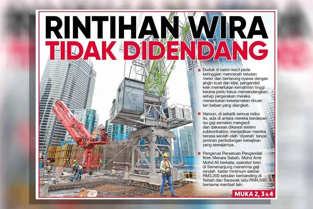 Laporan muka depan Sinar Harian pada Khamis berhubung nasib pengendali kren.