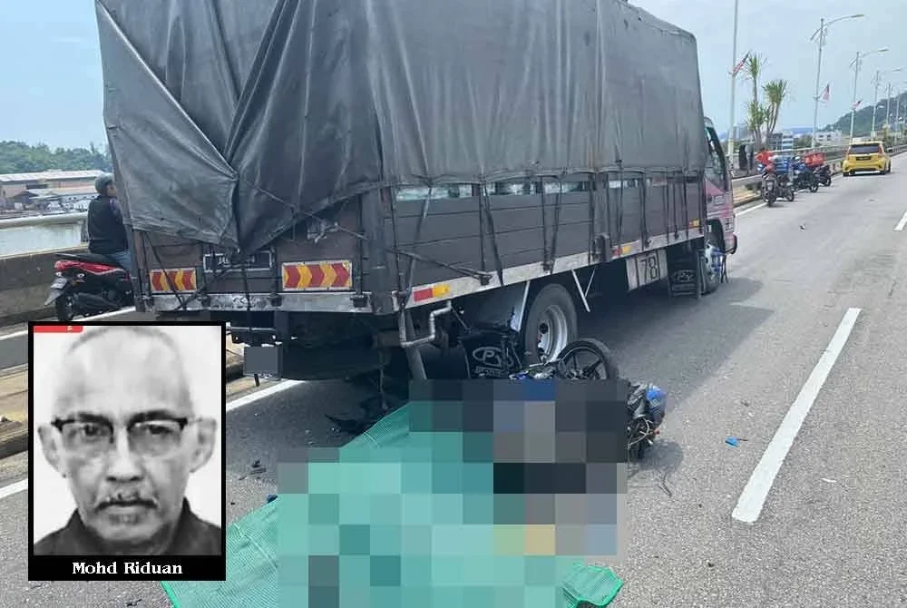 Mangsa, Mohd Riduan (gambar kecil) yang menunggang motosikal jenis Yamaha 135LC meninggal dunia di lokasi kejadian akibat kecederaan parah.
