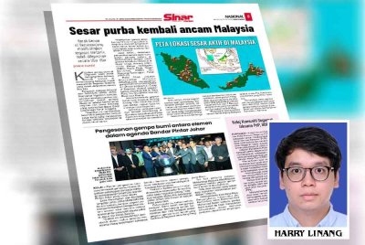 Laporan Sinar Harian pada Selasa berhubung sesar purba di Semenanjung Malaysia.