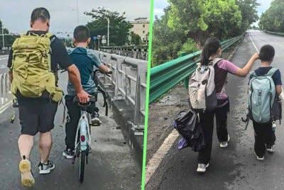Wu membawa dua anaknya berjalan kaki sejauh 800km demi pupuk sifat berdikari dan ketabahan.