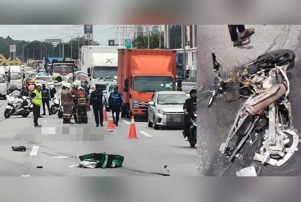 Seorang lelaki maut selepas motosikal yang ditungganginya terbakar dalam nahas melibatkan treler dan dua motosikal di Lebuhraya Utara-Selatan arah utara, Perai. - Foto: JBPM Pulau Pinang