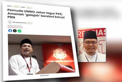 Laporan Sinar Harian berhubung Pemuda UMNO Johor tegur PKR, Amanah ‘gelojoh’ berebut kerusi PRN. Foto kecil: Faezudin