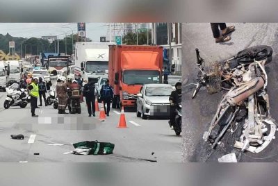 Seorang lelaki maut selepas motosikal yang ditungganginya terbakar dalam nahas melibatkan treler dan dua motosikal di Lebuhraya Utara-Selatan arah utara, Perai. - Foto: JBPM Pulau Pinang