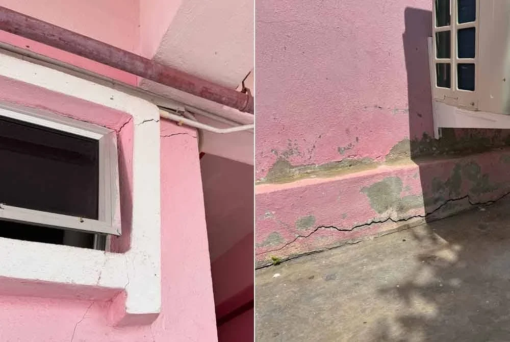 Antara kesan keretakan yang berlaku di Kolej Komuniti Segamat 2 susulan berlakunya kejadian gegaran gempa bumi yang melibatkan daerah itu pada Ahad lepas dengan tiga kesan retak ditemukan di Blok E, kolej berkenaan. Foto Bernama