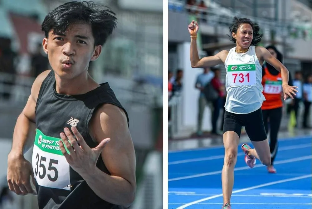 Aksi Pengiran Aidil Auf (kiri) dan Zaidatul Husniah ketika menjuarai acara akhir 200 Meter Kejohanan Olahraga Terbuka Malaysia di Stadium Tuanku Syed Putra, hari ini. Foto Bernama