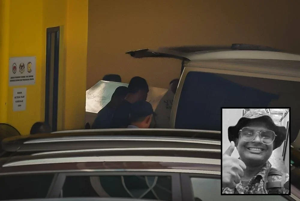 Van membawa jenazah Allahyarham Syamsul Haris meninggalkan perkarangan IPFN sekitar jam 5.15 petang untuk dikebumikan di Tanah Perkuburan Islam Kampung Rinching Hulu, Semenyih pada Sabtu. Foto Bernama (Gambar kecil: Syamsul Haris)