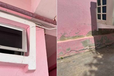 Antara kesan keretakan yang berlaku di Kolej Komuniti Segamat 2 susulan berlakunya kejadian gegaran gempa bumi yang melibatkan daerah itu pada Ahad lepas dengan tiga kesan retak ditemukan di Blok E, kolej berkenaan. Foto Bernama