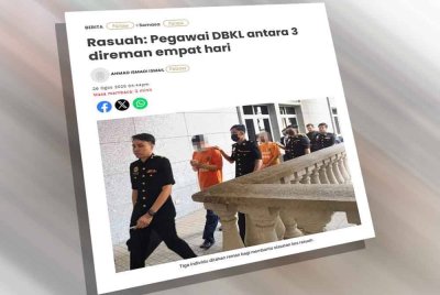 Laporan Sinar Harian berhubung kes rasuah pegawai DBKL antara 3 direman empat hari