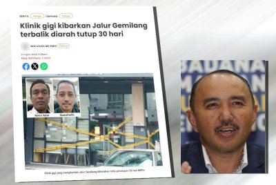 Laporan Sinar Harian berhubung klinik gigi kibarkan Jalur Gemilang terbalik diarah tutup 30 hari. (Gambar kecil: Mohd Jafni)