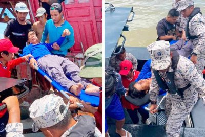 Anggota Maritim melakukan operasi pemindahan perubatan kecemasan (MEDEVAC) melibatkan seorang kru bot nelayan yang cedera parah akibat terkena libasan tali bot di perairan Kuala Terengganu.