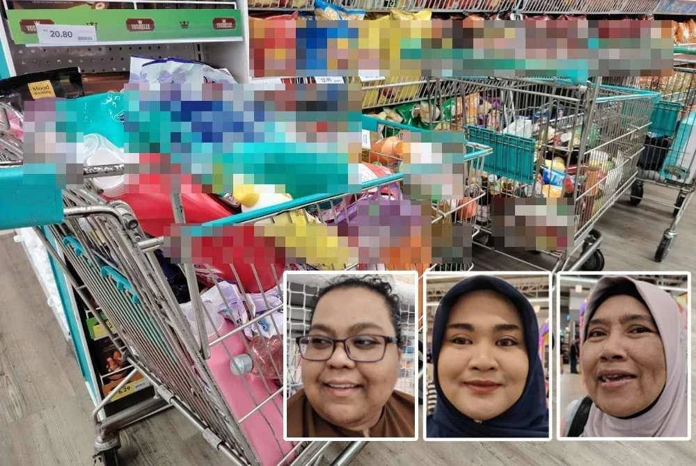 Antara troli berisi barangan yang ditinggalkan pelanggan susulan masalah dihadapi sistem MyKasih. Foto kecil dari kiri: Zarina, Nabila dan Maizon.