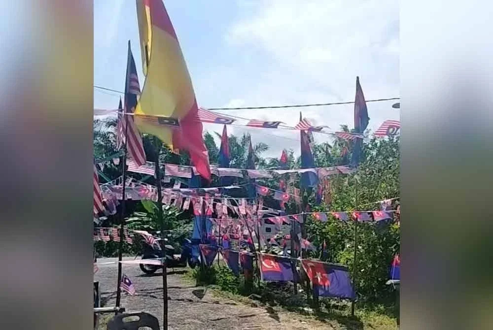 Laluan masuk ke rumah Shamsi dan Tujimah yang dipenuhi bendera Johor dan Jalur Gemilang.