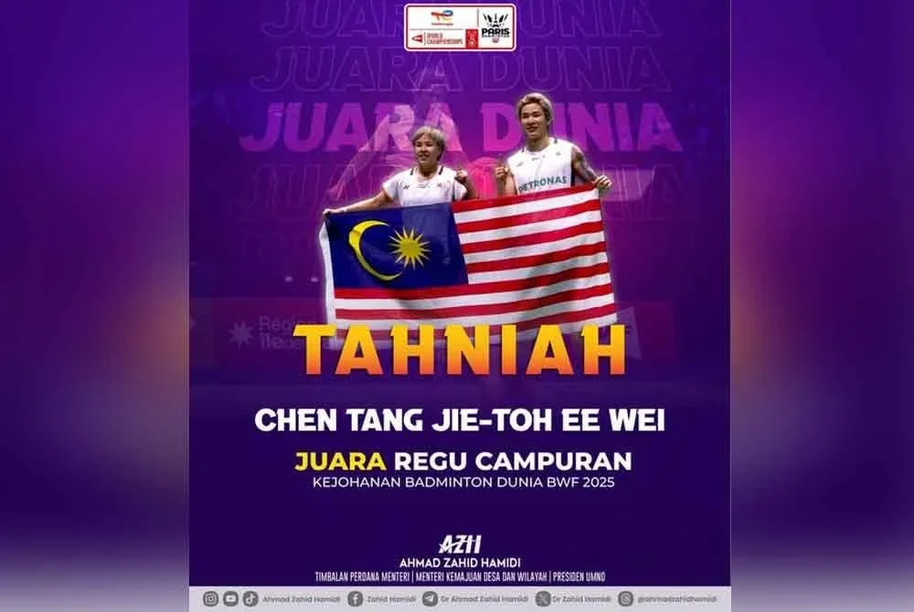 Ahmad Zahid menyifatkan kejayaan Tang Jie–Ee Wei hadiah paling indah buat tanah air tercinta pada hari keramat kemerdekaan.