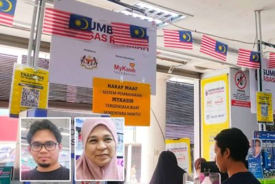 Sistem tergendala sementara waktu di sebuah pasar raya menyebabkan ramai pengguna tidak dapat menebus Sara pada hari pertama di daerah ini. Foto kecil dari kiri: Hizami dan Nor Zulfa.