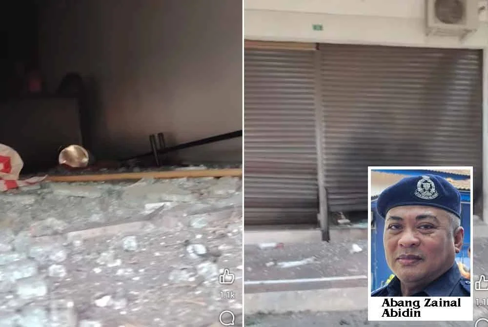 Letupan tahap rendah itu telah merosakkan bahagian pintu dan lantai sebuah kedai di Ipoh. Foto: Ihsan pembaca