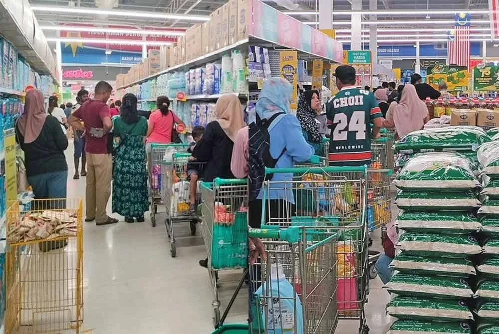 Orang ramai terpaksa beratur panjang bagi menebus Bantuan SARA.