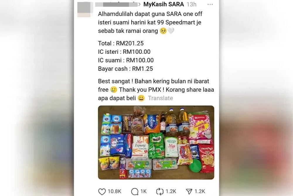 Tangkap layar berhubung bantuan SARA yang disifatkan membantu mengurangkan perbelanjaan dapur