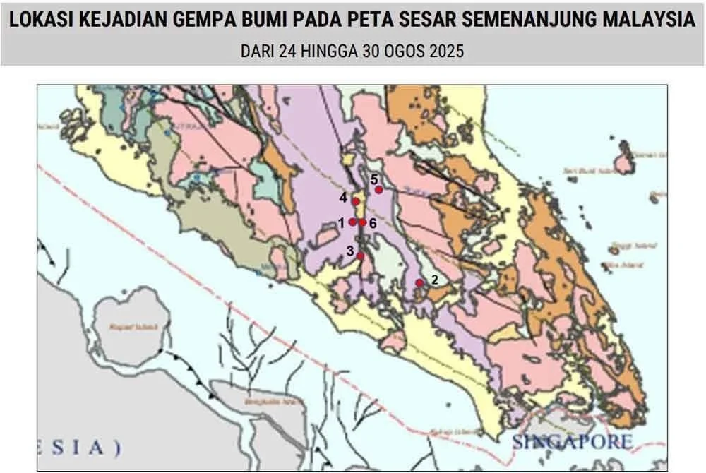 Tangkap layar lokasi kejadian gempa bumi pada peta sesar Semenanjung Malaysia dari 24 hingga 30 Ogos lalu. Sumber/ NADMA dan MetMalaysia.