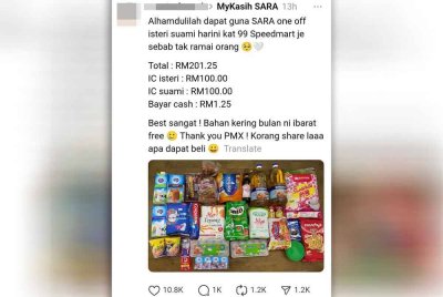 Tangkap layar berhubung bantuan SARA yang disifatkan membantu mengurangkan perbelanjaan dapur