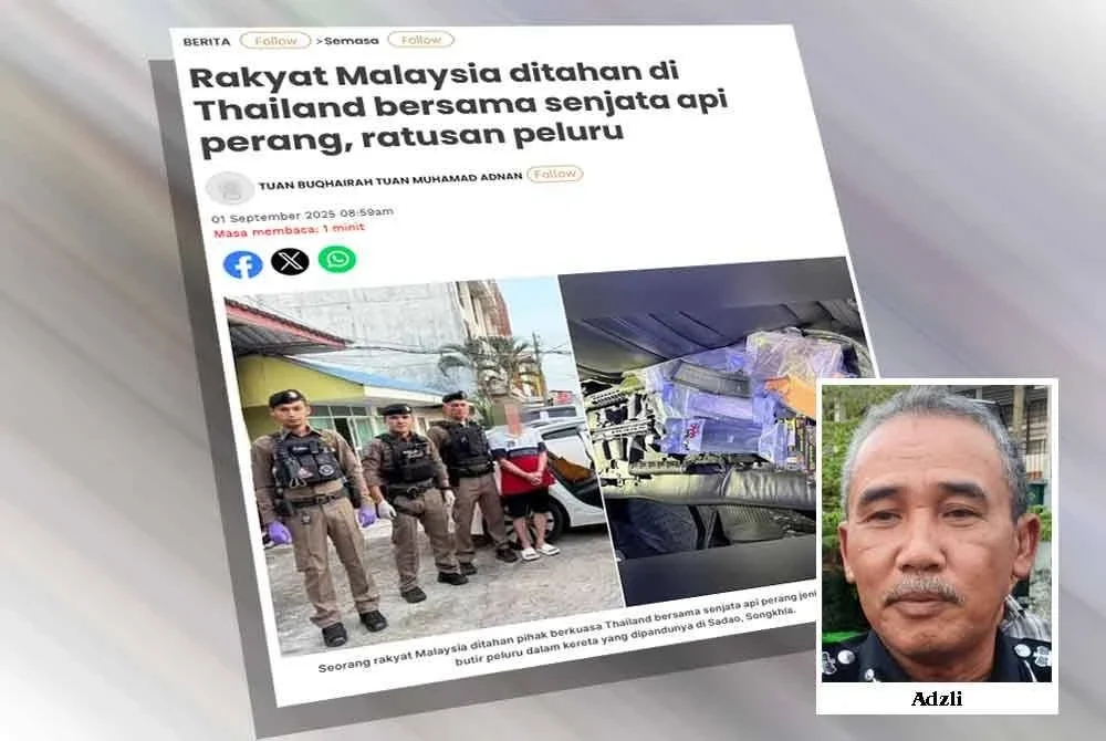 Laporan Sinar Harian pada Isnin berhubung seorang rakyat Malaysia ditahan pihak berkuasa Thailand bersama senjata api perang jenis M4 dan ratusan butir peluru dalam kereta yang dipandunya di Sadao, Songkhla.