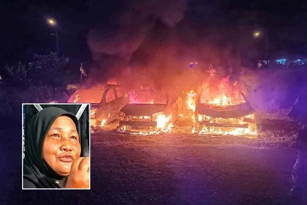 Tiga buah kenderaan dipercayai terbakar secara tiba-tiba di hadapan rumah penduduk. Gambar kecil: Easah