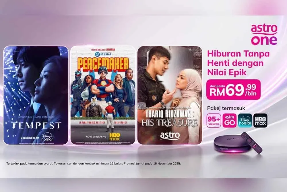 Astro menawarkan Pek Entertainment Astro One beserta Disney Hotstar dan HBO Max bermula RM69.99 sebulan untuk jangka masa terhad.