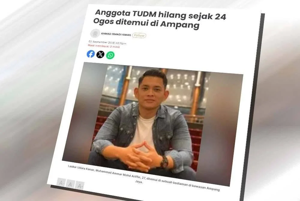 Laporan Sinar Harian mengenai penemuan anggota TUDM terbabit.