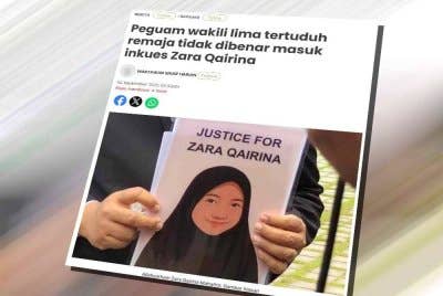 Laporan Sinar Harian pada Selasa mengenai peguam yang mewakili lima tertuduh remaja tidak dibenar masuk inkues Zara Qairina.