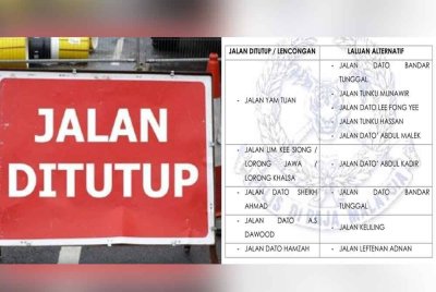 Pengguna jalan raya dinasihatkan elak laluan yang terlibat sepanjang tempoh penutupan - Gambar hiasan