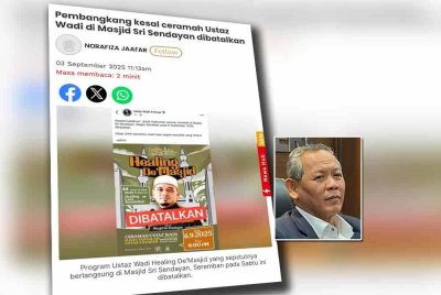 Laporan Sinar Harian pada Rabu berhubung isu ceramah Ustaz Wadi yang dibatalkan. Foto kecil: Aminuddin