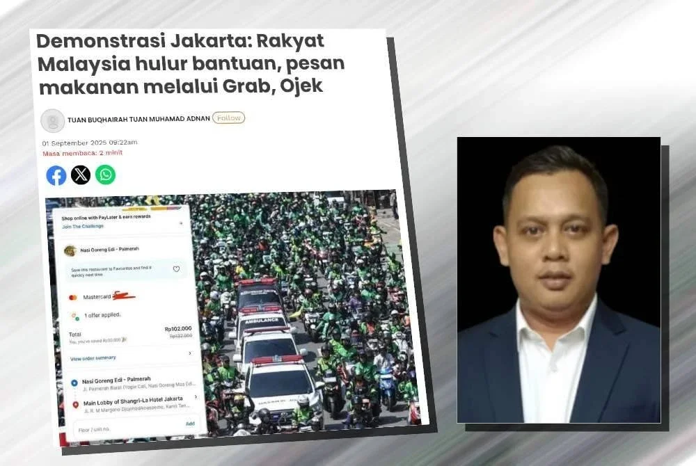 Laporan Sinar Harian mengenai ramai rakyat Malaysia mengambil peluang membantu Indonesia dengan membuat pesanan makanan melalui aplikasi Grab dan Ojek dalam talian (ojol). Gambar kecil:Haris Fadilah