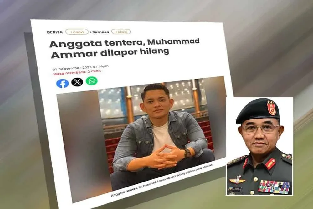 Laporan Sinar Harian berhubung kes anggota tentera, Muhammad Ammar dilaporkan hilang. Gambar kecil: Mohd Nizam