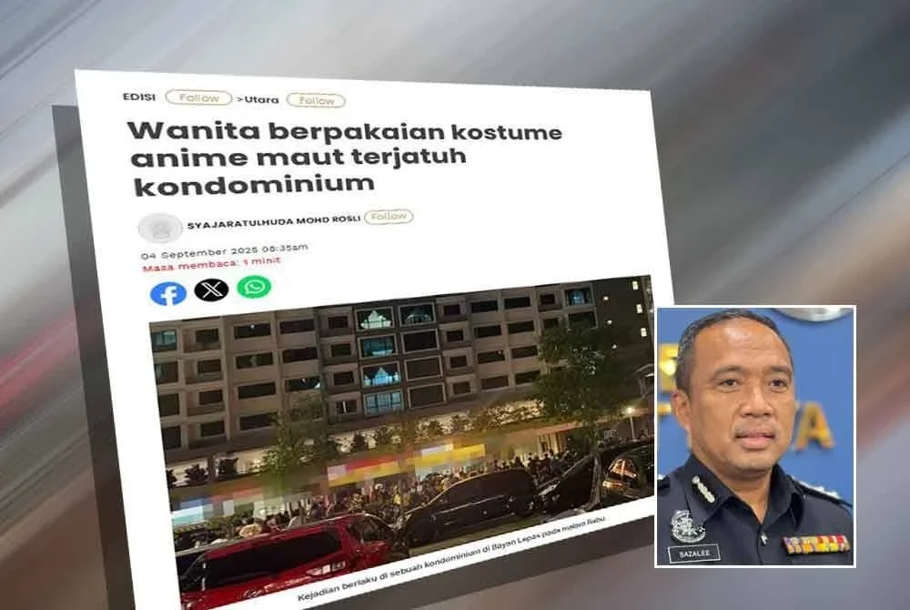 Laporan Sinar Harian berhubung wanita berpakaian kostume anime maut terjatuh kondominium. Gambar kecil: Sazalee