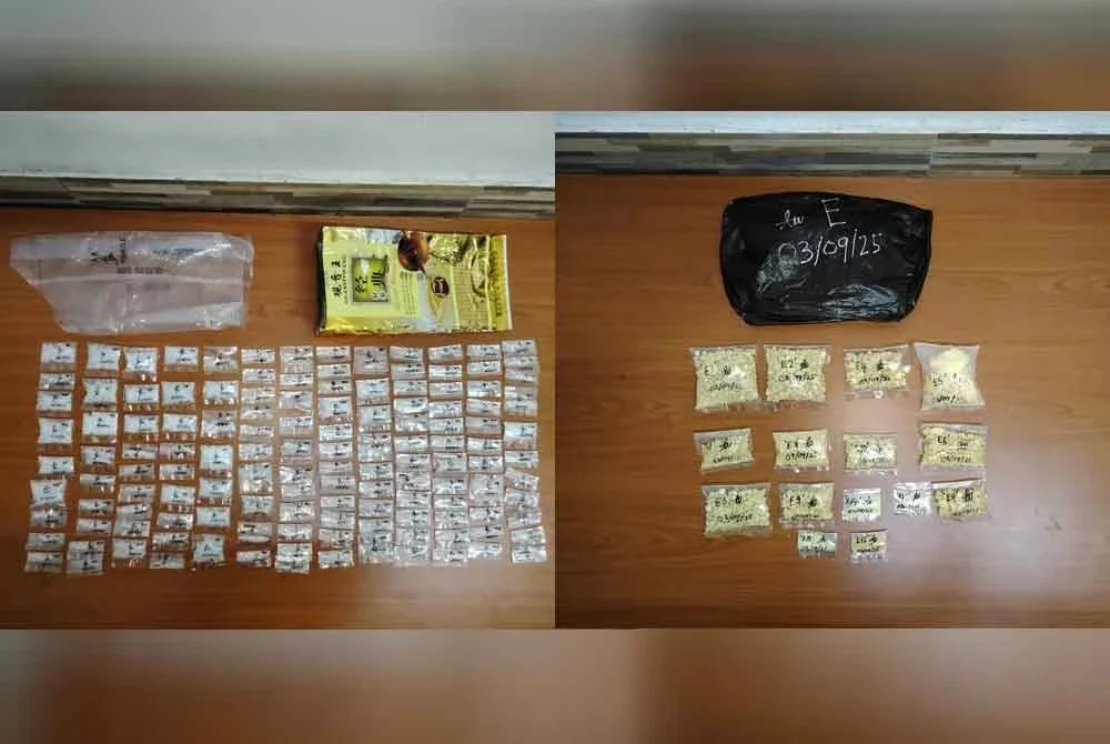 Polis menemui pelbagai jenis dadah berbahaya seberat 2kg bernilai RM125,015 ketika serbuan dijalankan di Taman Rishah di Ipoh pada Rabu. Foto: ihsan polis